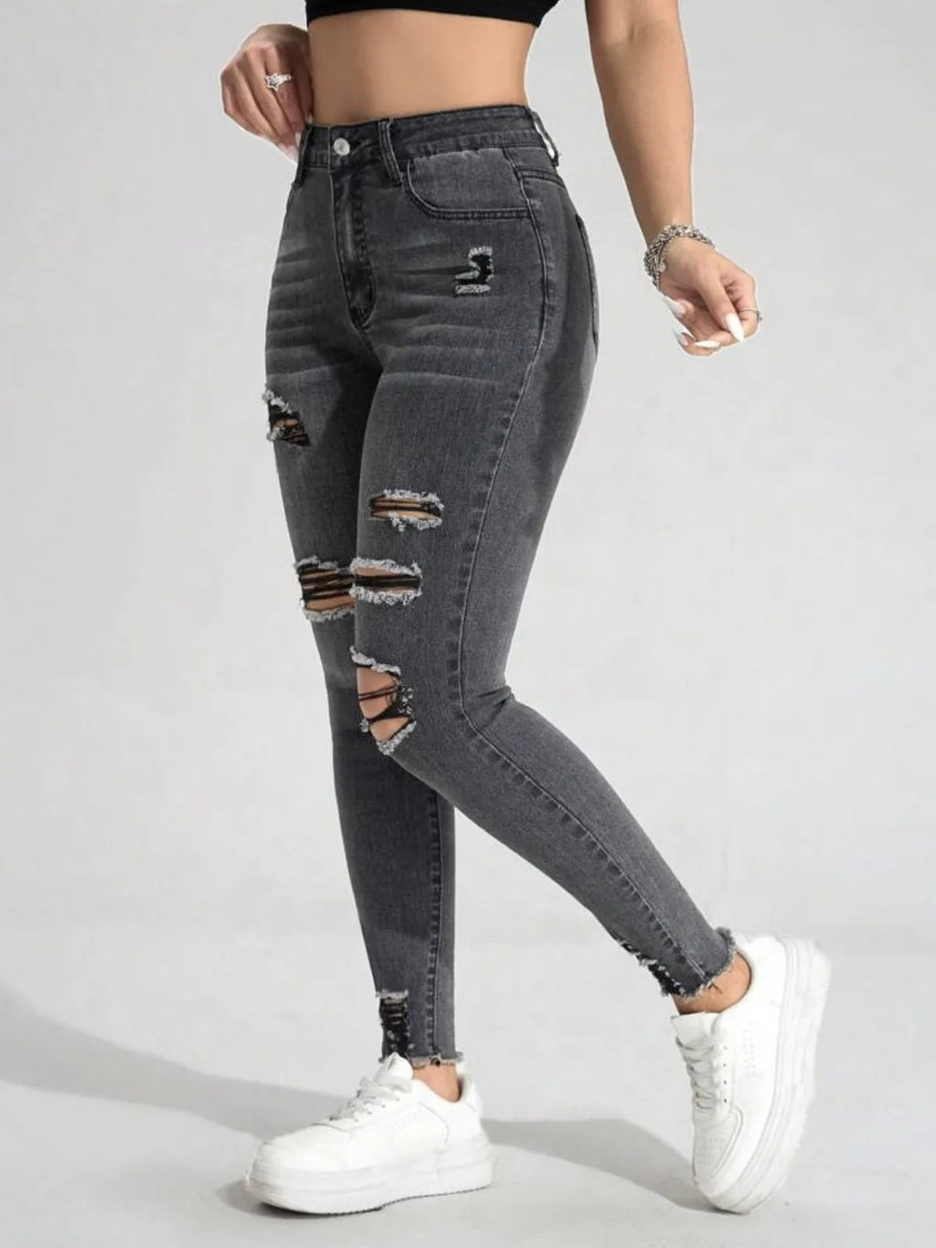 New In Women Fashion Mid Waist Ripped Hole Jeans Casual High Street Denim Pants Sexy Frayed Slim Fit Pencil Pants for Women