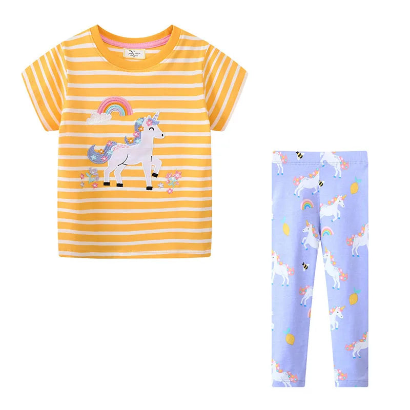 Jumping Meters Unicorn Girls Tshirts + Leggings Short Sleeve Children's Clothing Sets For Summer 2 Pcs Suit Kids Outfits Sets