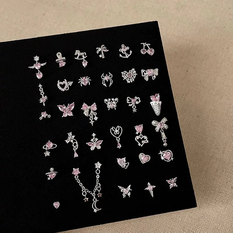 1 PCS New Fashion Cute Pink Zircon Crystal Ear Bone Nail 316L Medical Titanium Steel Earrings for Women Y2K Punk Jewelry