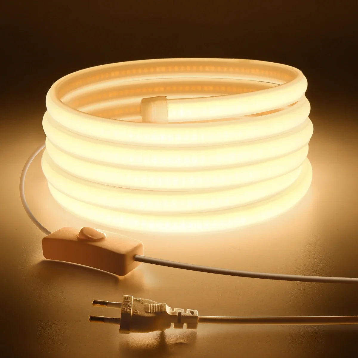 IP65 protection rating, COB LED light strip, 220V/230V voltage, flexible warm white/cool white/neon light strip, silicone LED light, suitable for indoor and outdoor use, bedrooms, patios, parties, DIY and home decorati