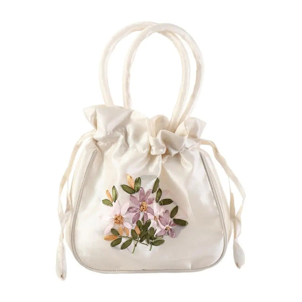 Retro Elegant Satin Silk Embroidery Totes for Women Floral Drawstring Handbag Hanfu Woman Purse Wallet Small Tote Bags