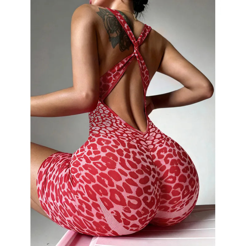 New Leopard Seamless Fitness Bodysuit Shorts Women Cross Strap High Stretch Yoga Jumpsuit Workout Fashion Butt Liftting Bodysuit