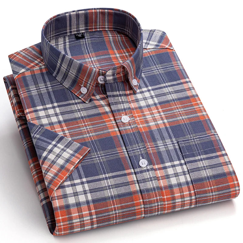 100%Pure Cotton Oxford Men's Shirts Short Sleeve Plaid Soft Regular Fit Formal Dress Shirt Social Blouse Male Clothes 6XL 7XL