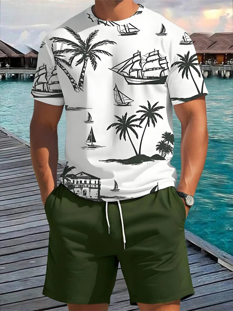 Summer New Men's Short-sleeved Hawaiian Print Two-piece Beach Vacation Breathable Short-sleeved With Drawstring Loose Shorts