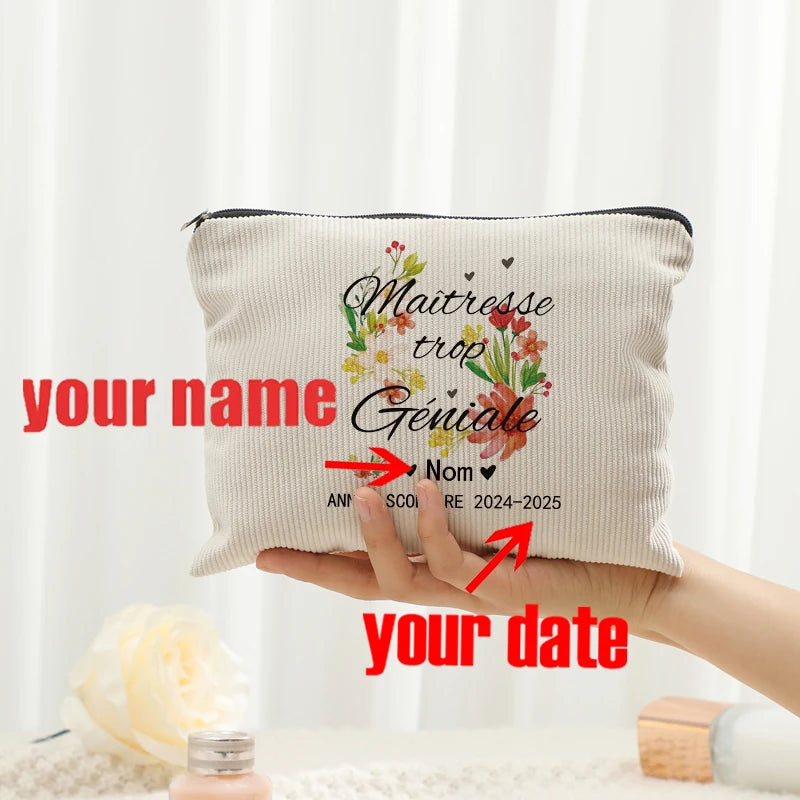 Personalized Floral Maitresse Appreciation Cosmetic Bag Custom Name Toiletry Case Gift for Educators End of School Year Present