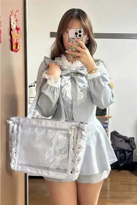Japanese Sweet Women Ribbon Ita Bag Fashion Large Capacity Tote Bag Aesthetic Shoulder Bag Cute Lolita Girl Transparent Handbags