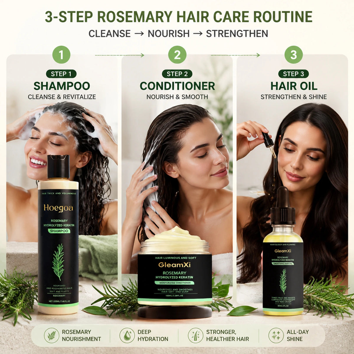 Rosemary Hydrolyzed Keratin Hair Care Set - Shampoo Hair Mask Hair Oil Repair Damaged Frizzy Dry Hair Nourish Scalp Treatment