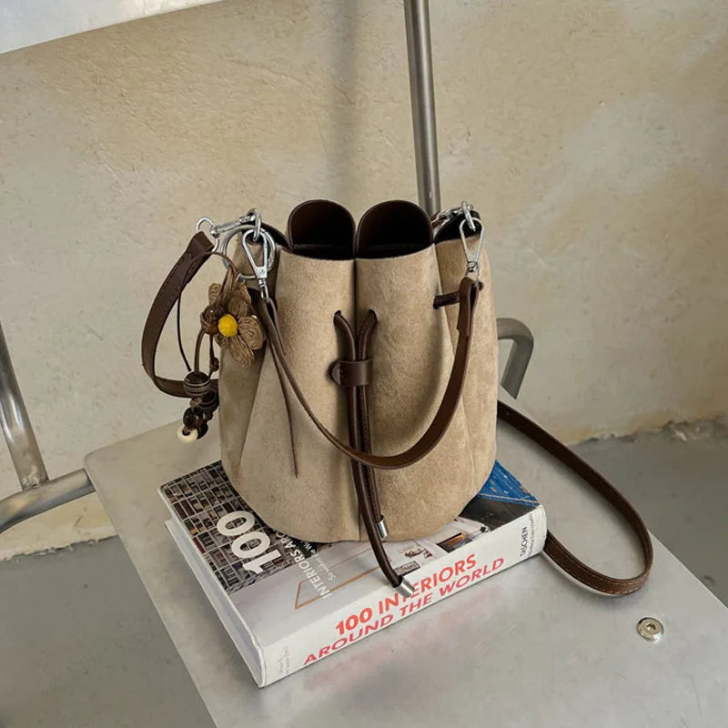 Faux Suede Flower Petal Bucket Bag for Women New Autumn Vintage Maillard Party Handbags Commuter Shoulder Crossbody Bags