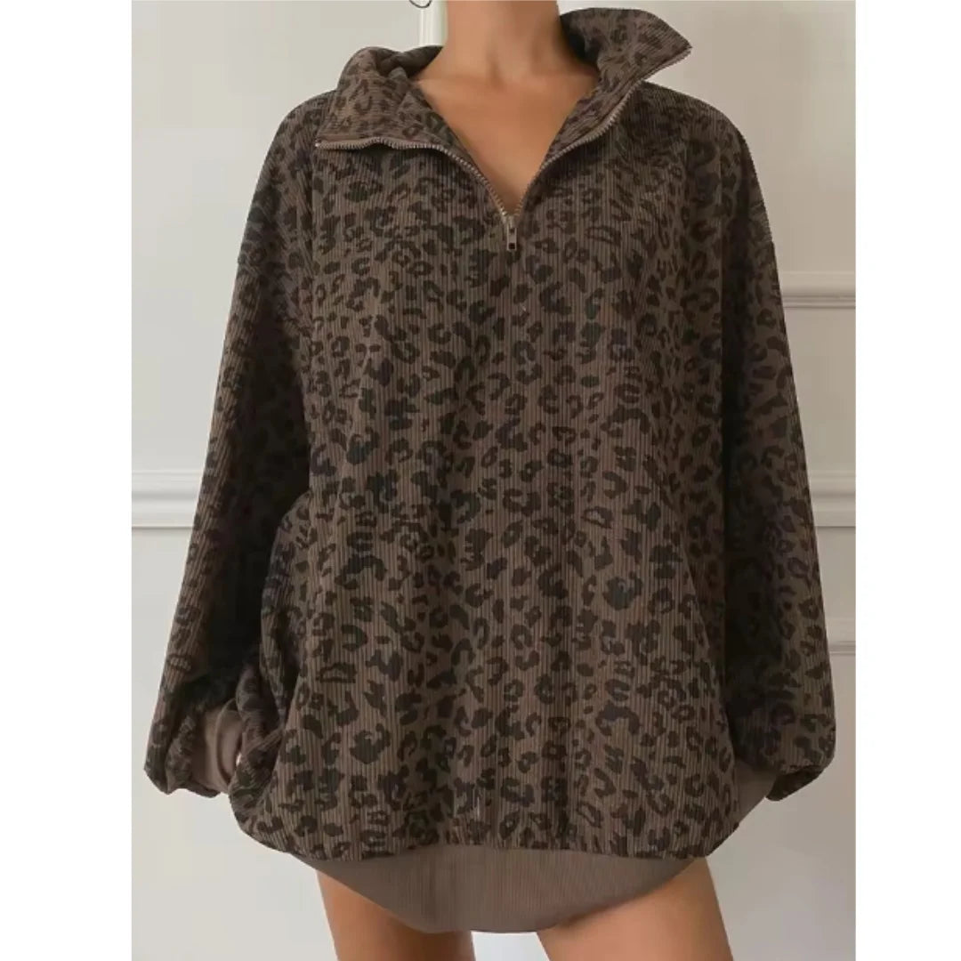 Women Casual Zipper Long Sleeve Leopard Sweatshirt Loose Oversize Retro Hoodie Stand Collar Corduroy Outerwear Pullover Autumn
