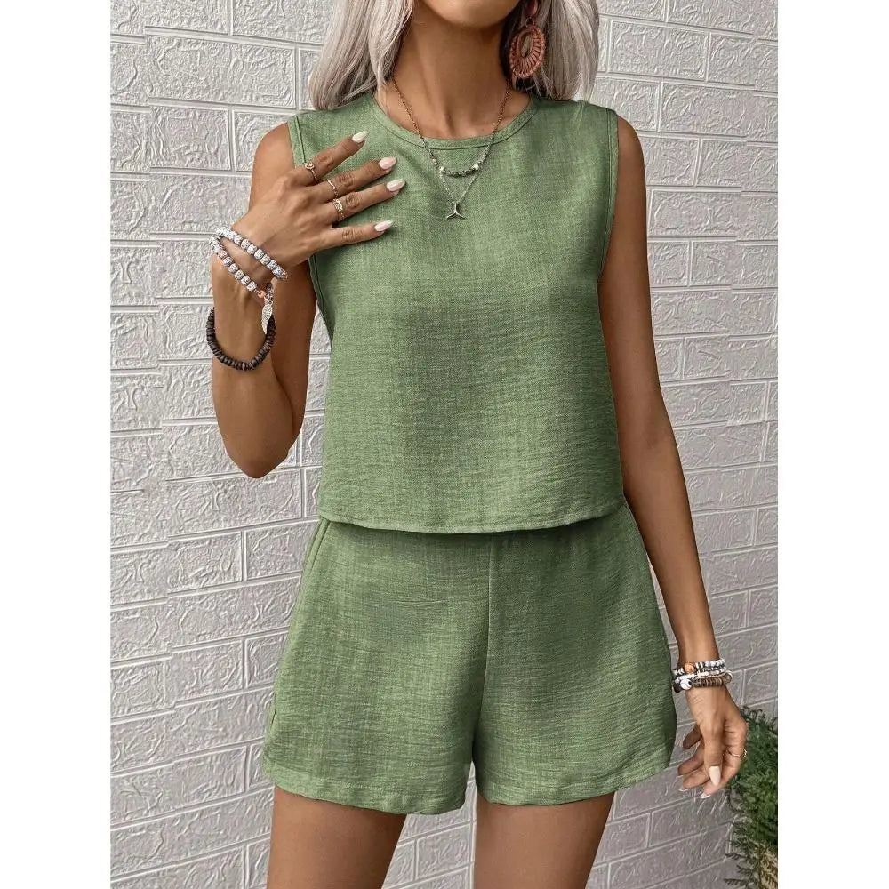 Fashion Solid Color Vest Shorts Set Simple Design Multi-size Casual Outfit Set Sleeveless Top Set Casual Wear