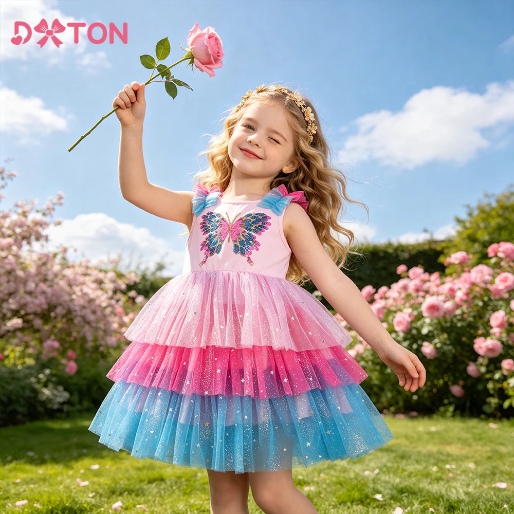 DXTON Kids Toddler Birthday Party Dresses Applique Butterfly Children Summer Holiday Clothing Sleeveless Kids Mesh Girls Dress