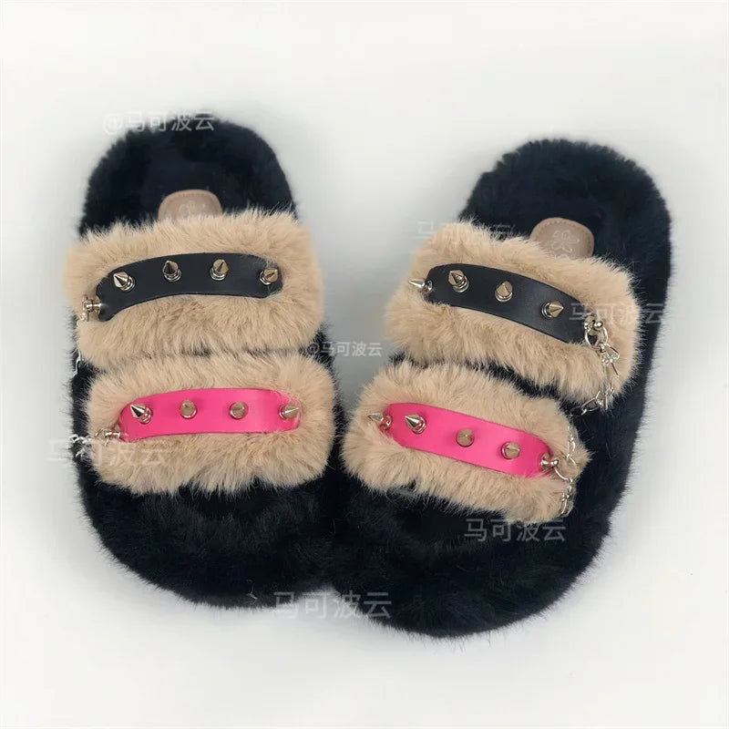 Y2K style winter outdoor shoes for women Faux fur warm slippers Fashion rivet Punk shoes