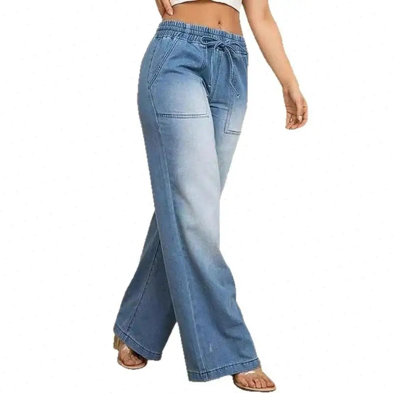 Women Jeans Vintage Denim Pant Elastic Waist Lace Up Wide Leg Long Pants Straight Trousers Y2k Streetwear Splice Work Spring