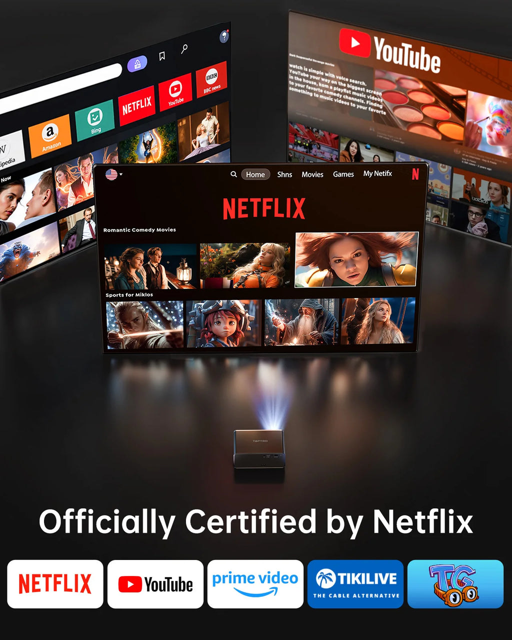Netflix Licenses 4K Movie Projector 1500ANSI Auto Focus/Keystone WiFi 6 Native 1080p Smart Home Theater Widevine L1 Projectors