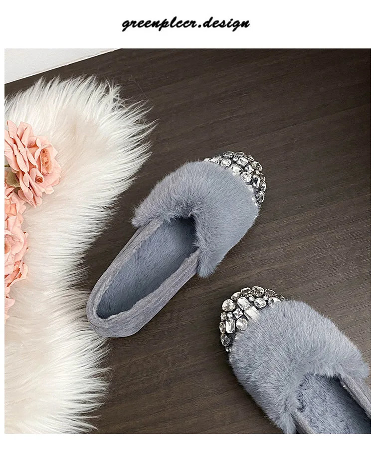 Luxury Glitter Rhinestone Ladies Plush Flat Shoes Female Cozy Crystal Decorate Loafers Winter Warm Walking Driving Shoes Casual
