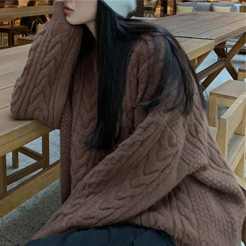 Autumn Winter Thicken Warm Pullover Sweater Women Vintage Loose Twist Knitted Jumper Woman All-Match O-Neck Long Sleeve Pullover