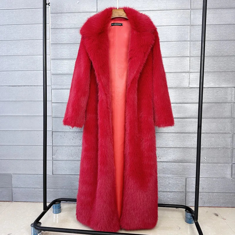 Long Faux Fur Coat Women Autumn Winter Large Jacket Overcoat White Turn Down Collar Pockets Thick Coat Warm Jackets Maxi Coats