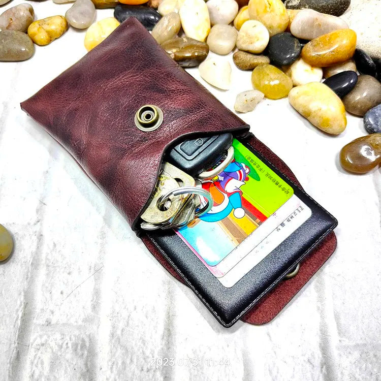 Mini Waist Bag Genuine Leather Belt Pouch Wallet Card Holder Car Key Purse Pack Driver's license Case Men Women 6071