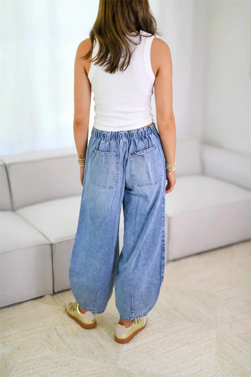 2025 Spring Street Fashion Washed Wide Leg Baggy Jeans Women Casual Loose Mid Waist Denim Pants Boyfriend Denim Bloomers Jeans
