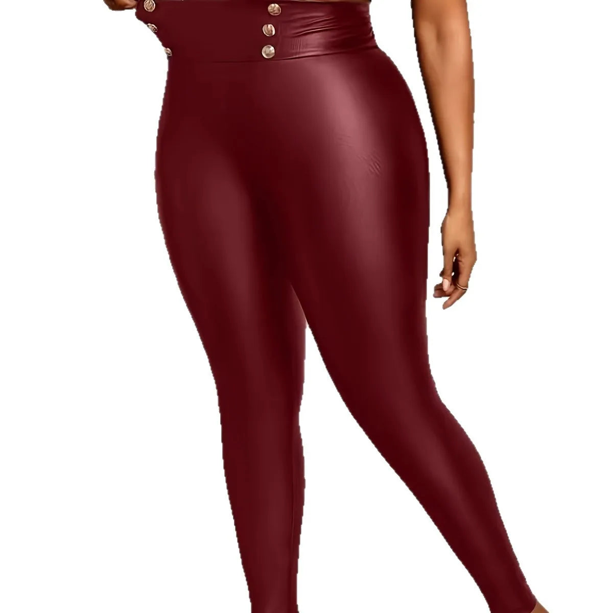 Plus Size Buttoned Slimming High-Waisted PU Leather Pants for Women