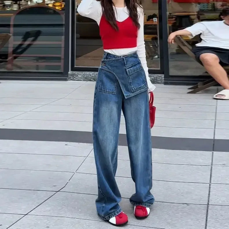 Fake Two-piece Retro High-waisted Wide-leg Jeans Women's Autumn New Loose and Thin Casual Straight-leg Floor Pants