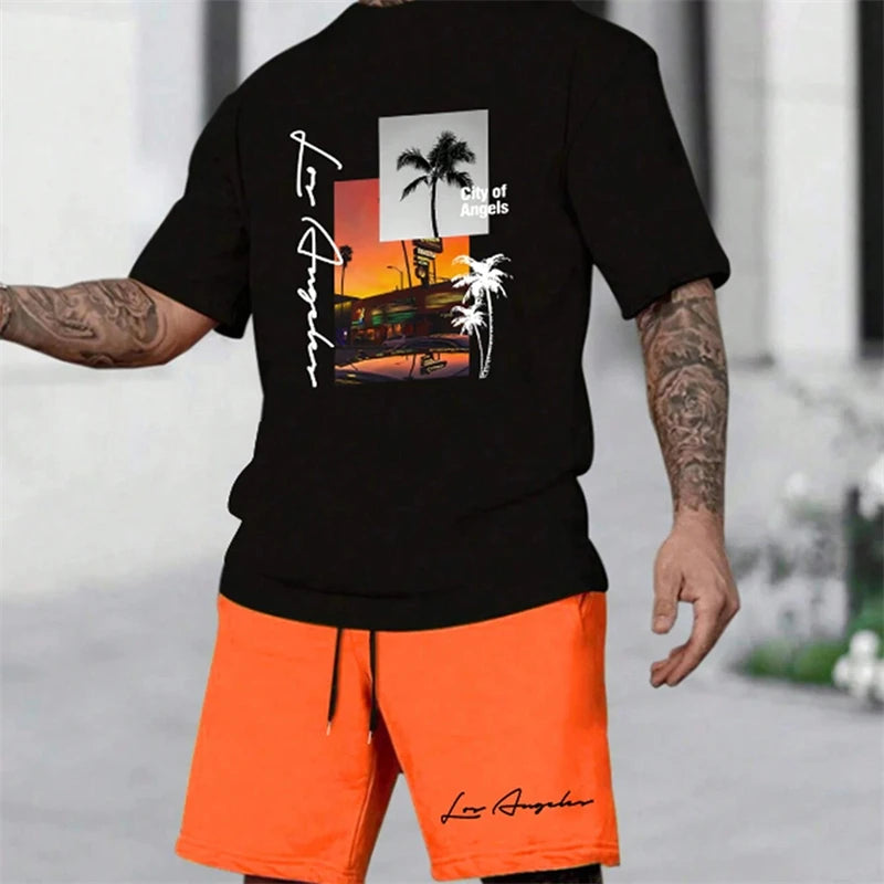Summer New Men's Short-sleeved Hawaiian Print Two-piece Beach Vacation Breathable Short-sleeved With Drawstring Loose Shorts