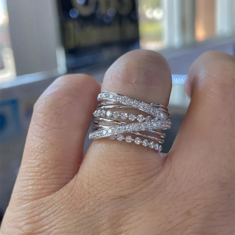 Huitan Luxury Women Rings Full Paved Sparkling Cubic Zirconia Fashion Cross Rings Silver Color Female Rings for Party Jewelry
