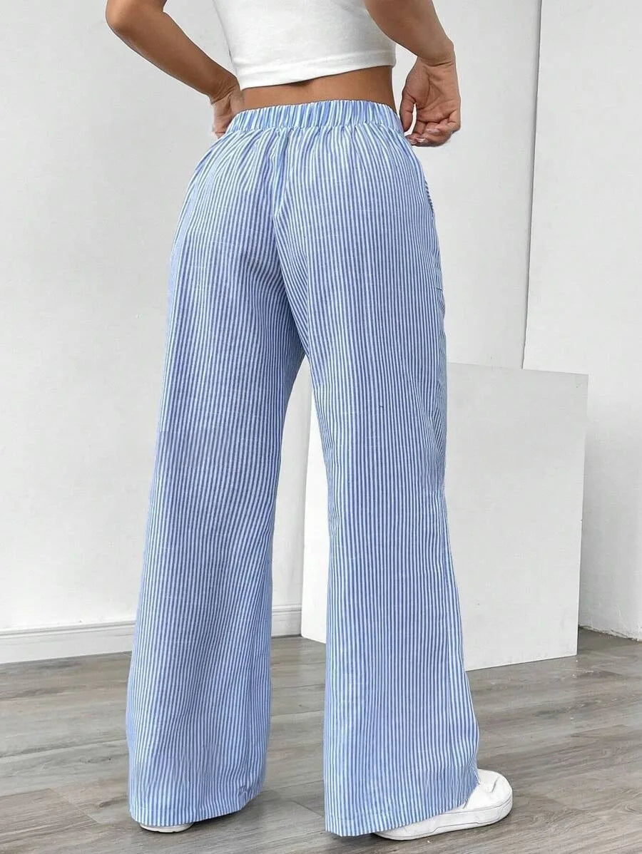 Summer Striped Wide Leg Pants Women High Waisted  Drawstring Loose Fit Slimming Casual Straight Leg Harem Pants Female Trousers