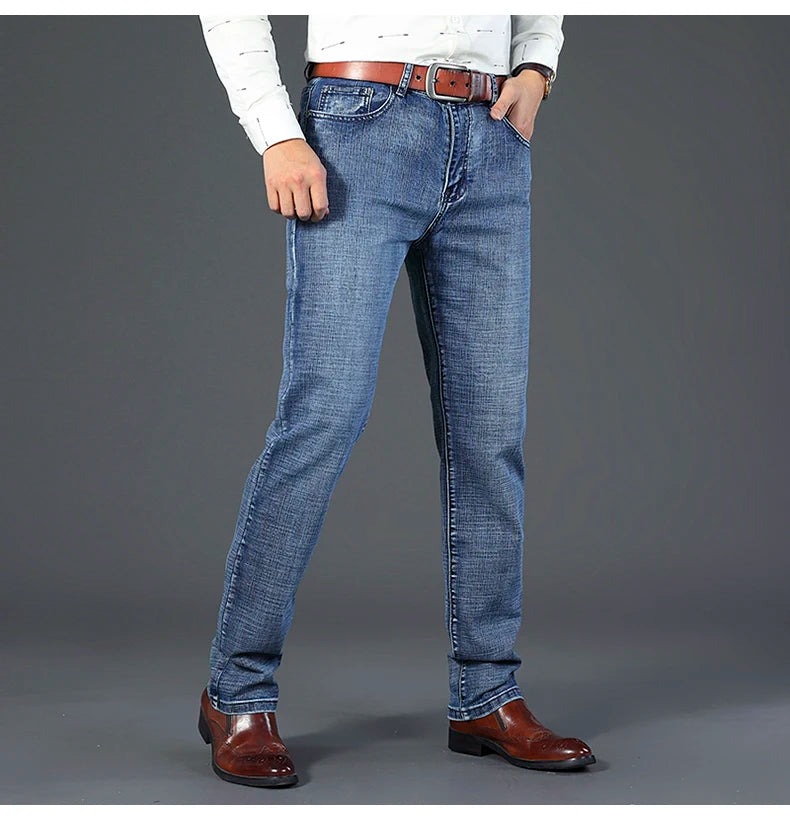 OUSSYU Brand Classic Retro Blue Men's Jeans Denim Pants Work Streetwear Straight Stretch Business Autumn Winter Cotton Trousers