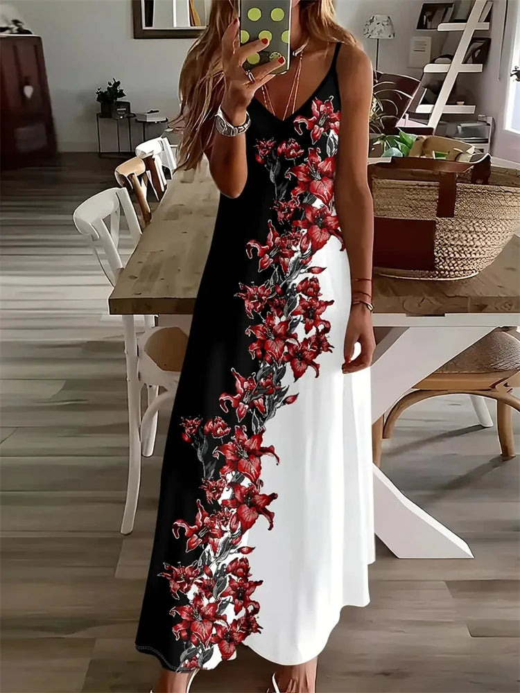 2024 New Women's Vintage Print Sleeveless Floor-Length Sundress Fashion V-Neck Slip Dress Bohemia Casual Loose Holiday Clothing