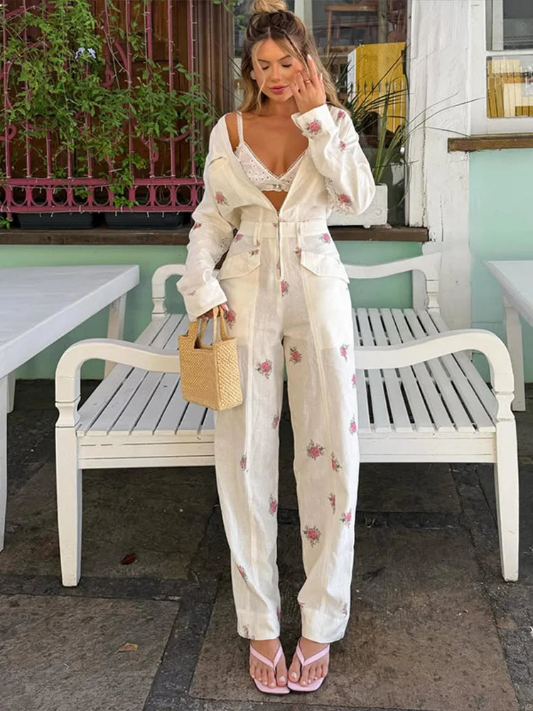 Casual Women's Jumpsuit V-neck Full Sleeve Zipper Straight Print Floral Female Jumpsuits 2026 Summer Fashion Chic Lady Outfit