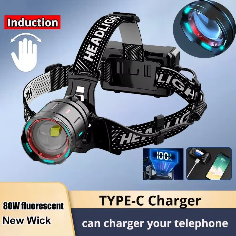 100000LM Powerful Headlamp 1000W Led Sensor Head Flashlight High Power Headlight 18650 Rechargeable Head Lantern Fishing Camping