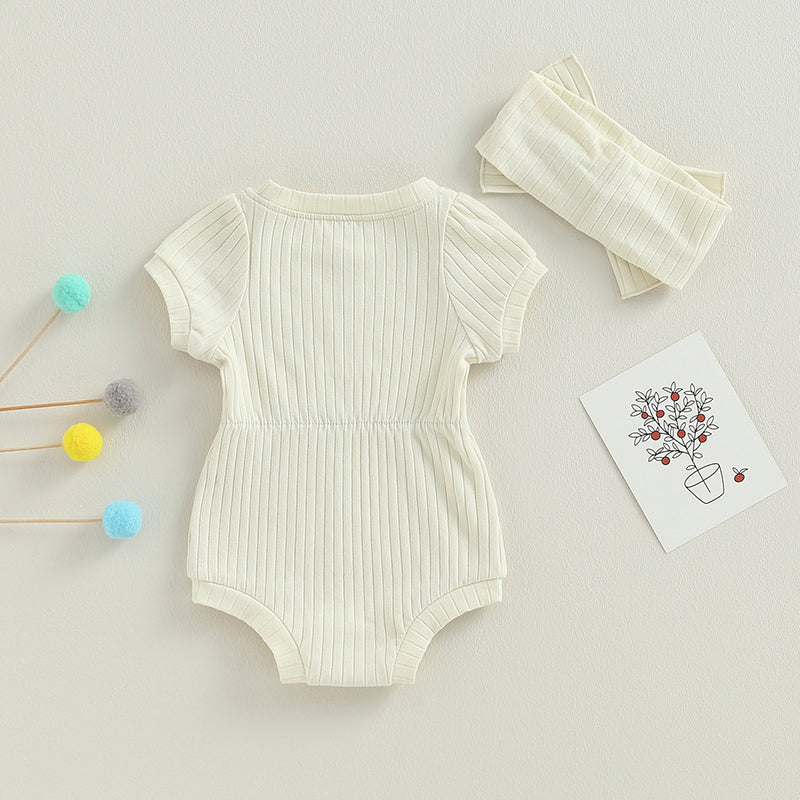Newborn Baby Girl 2 Pcs Jumpsuits Clothing Suit Infant Summer Short Sleeve Knitted Romper with Bow Headband Set Toddler Clothes