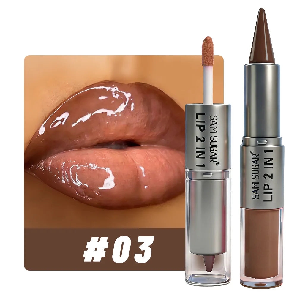 2 in 1 Lip Liner & Lip Gloss, Dual Ended Hydrating Non Stick Lipstick, Matte Velvet Outline Crayon with Shiny Plumping Lip Glaze