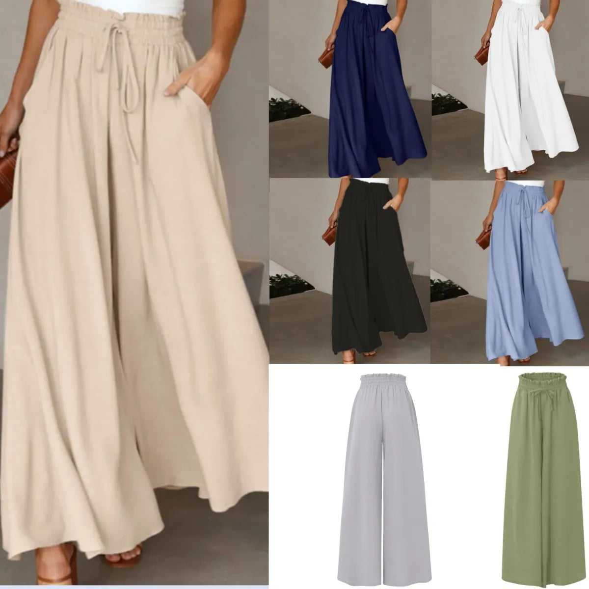 Summer Women Elastic High Waist Drawstring Solid Wide Leg Pants Loose Casual Flowy Pocket Trousers Female Daily Beach Long Pants
