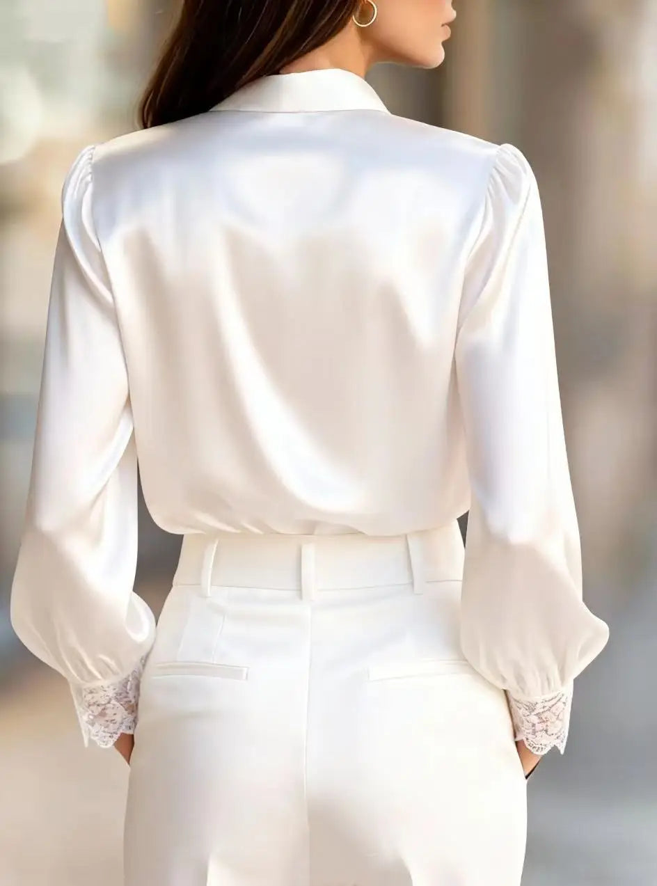 Casual Turndown Collar Office Lady Satin Blouse Fashion Long Sleeve Solid Color Lace Shirt Spring Elegant Women's Clothing