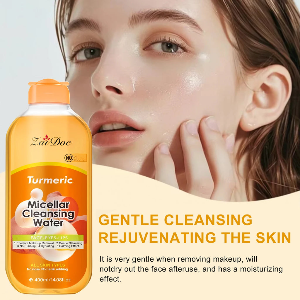 ZaiDoc Turmeric/Cherry Blossom Micellar Cleansing Water Makeup Remover No Rinse No Rubbing All Skin Types Face Eyes Lips 400ml Each