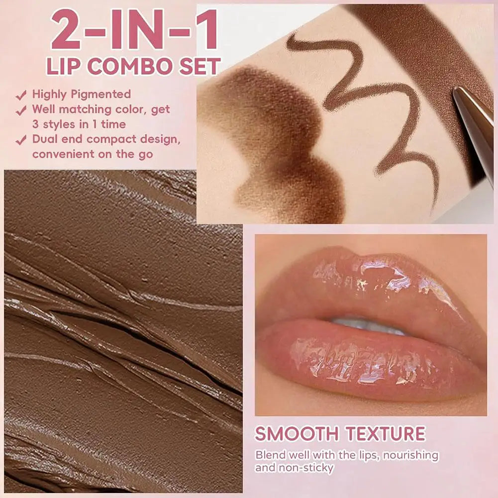 2-in-1 Tapered Gradient Lip Liner Pen Double-headed Matte Mirror Design Lip Glaze Nude Brown Waterproof Contour Non Stick Makeup