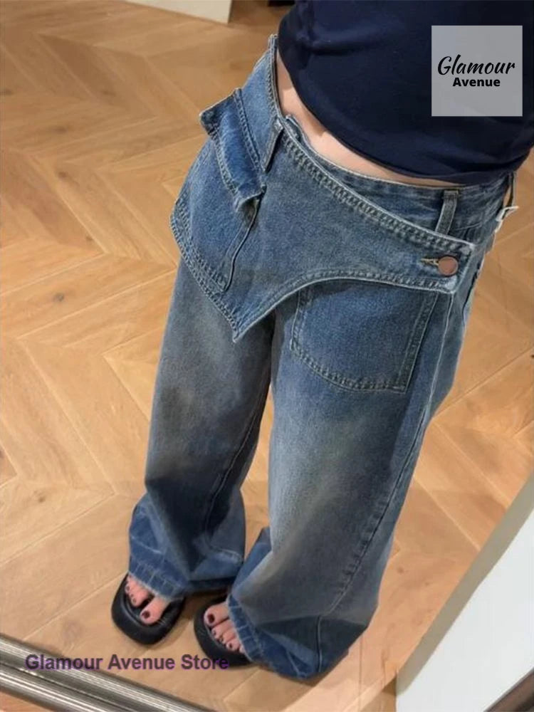 Korean fake two-piece design plus velvet padded straight jeans women's autumn and winter high waist slim wide-leg trousers