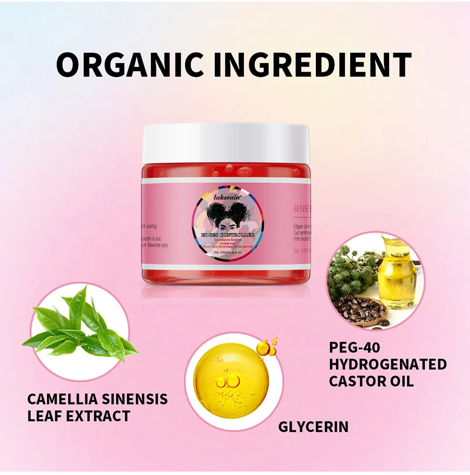Lakerain Strong Styling Hair Gel Long Lasting Control Edge Gel Smoothes Nourishes Hair Curl Enhancement Strong Hold Hair Gel