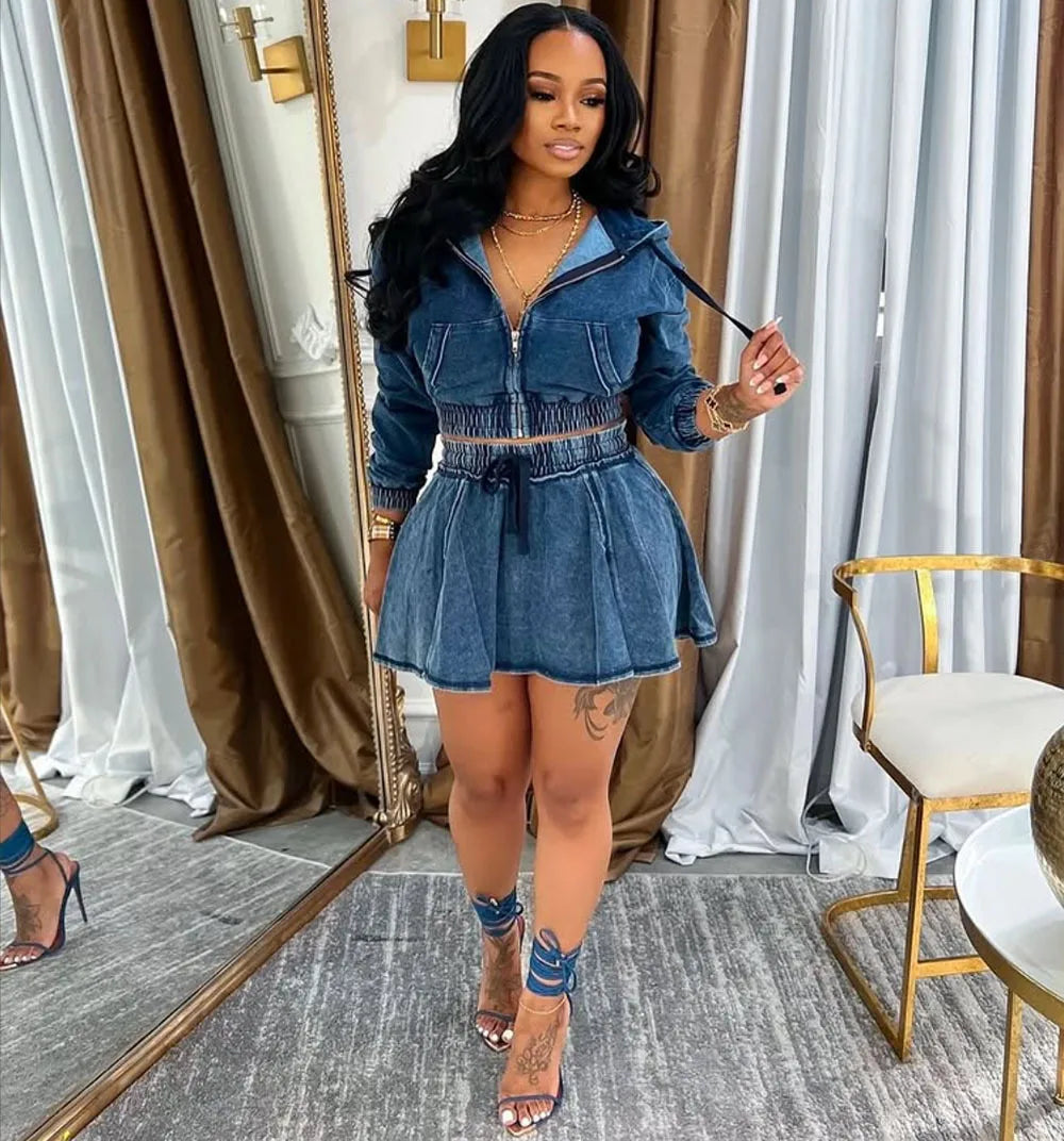 Streetwear Jeans Mini Skirt Outfits Sexy Women Elegant Two Pieces Sporty Club Matching Set Denim Hooded Top+Skirt