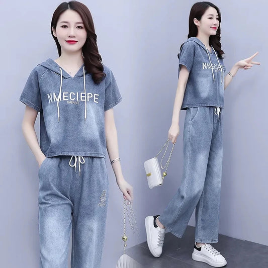 Summer Thin Jeans Set Women Fashion Short Sleeve Hooded Pullover Tops + Elastic Waist Wide Leg Pants 2PCS Female Denim Outfit