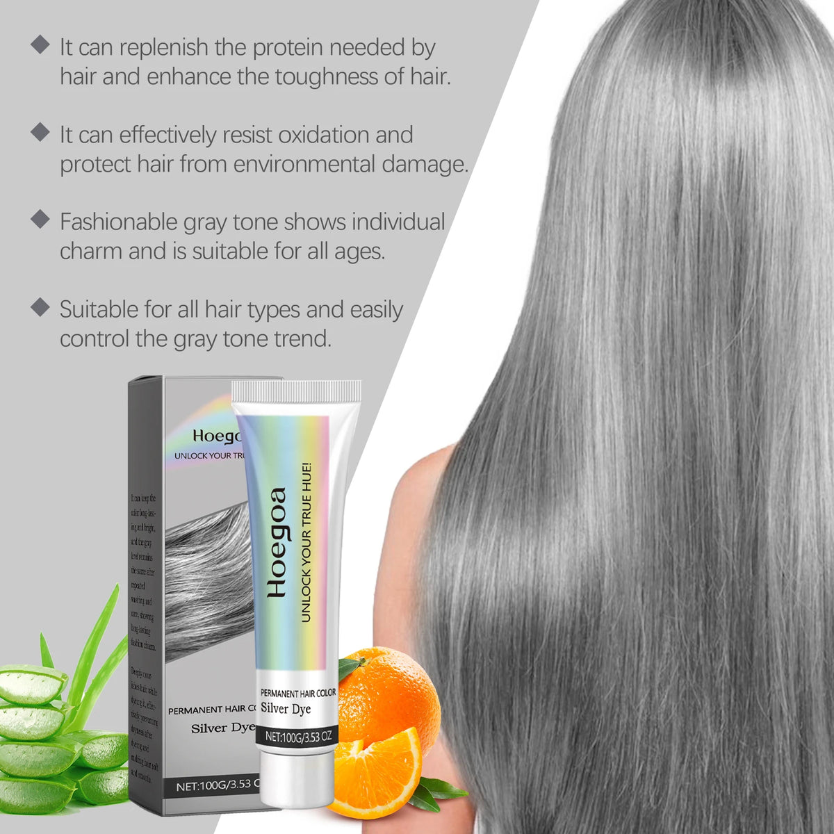 Hoegoa Silver Hair Dye Long lasting Color Nourishing Hair Shiny Smooth Easy Coloring Fashion Professional Grey Hair Dye Cream