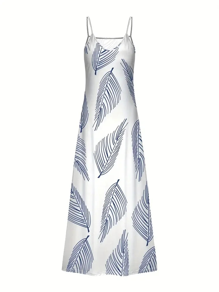 2024 New Women's Vintage Print Sleeveless Floor-Length Sundress Fashion V-Neck Slip Dress Bohemia Casual Loose Holiday Clothing
