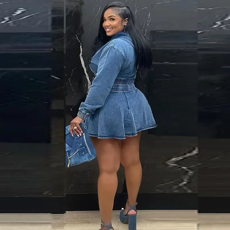 Streetwear Denim Set Woman Two Piece Outfit Casual Zipper Hooded Jacket Top and Mini Skirt Jeans Matching Sets Ensemble Femmes