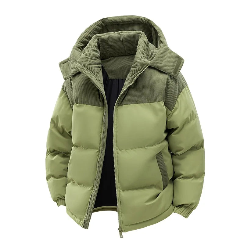 Men's New Winter Cotton Jacket: Fleece-Lined, Thickened for Warmth, with Removable Hood and Stand-Up Collar for Cold Resistance