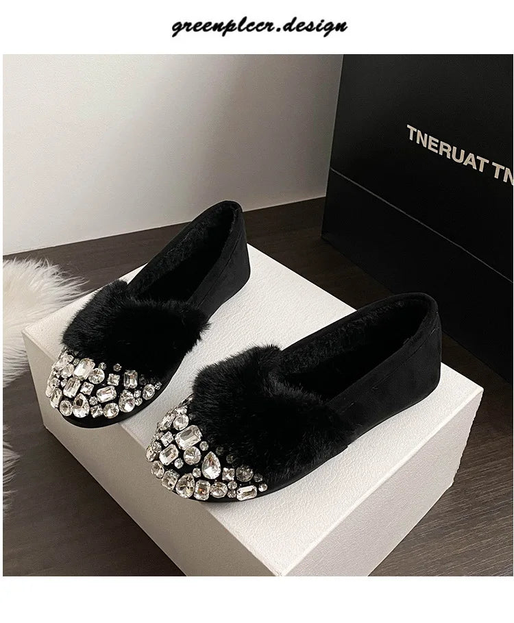 Luxury Glitter Rhinestone Ladies Plush Flat Shoes Female Cozy Crystal Decorate Loafers Winter Warm Walking Driving Shoes Casual