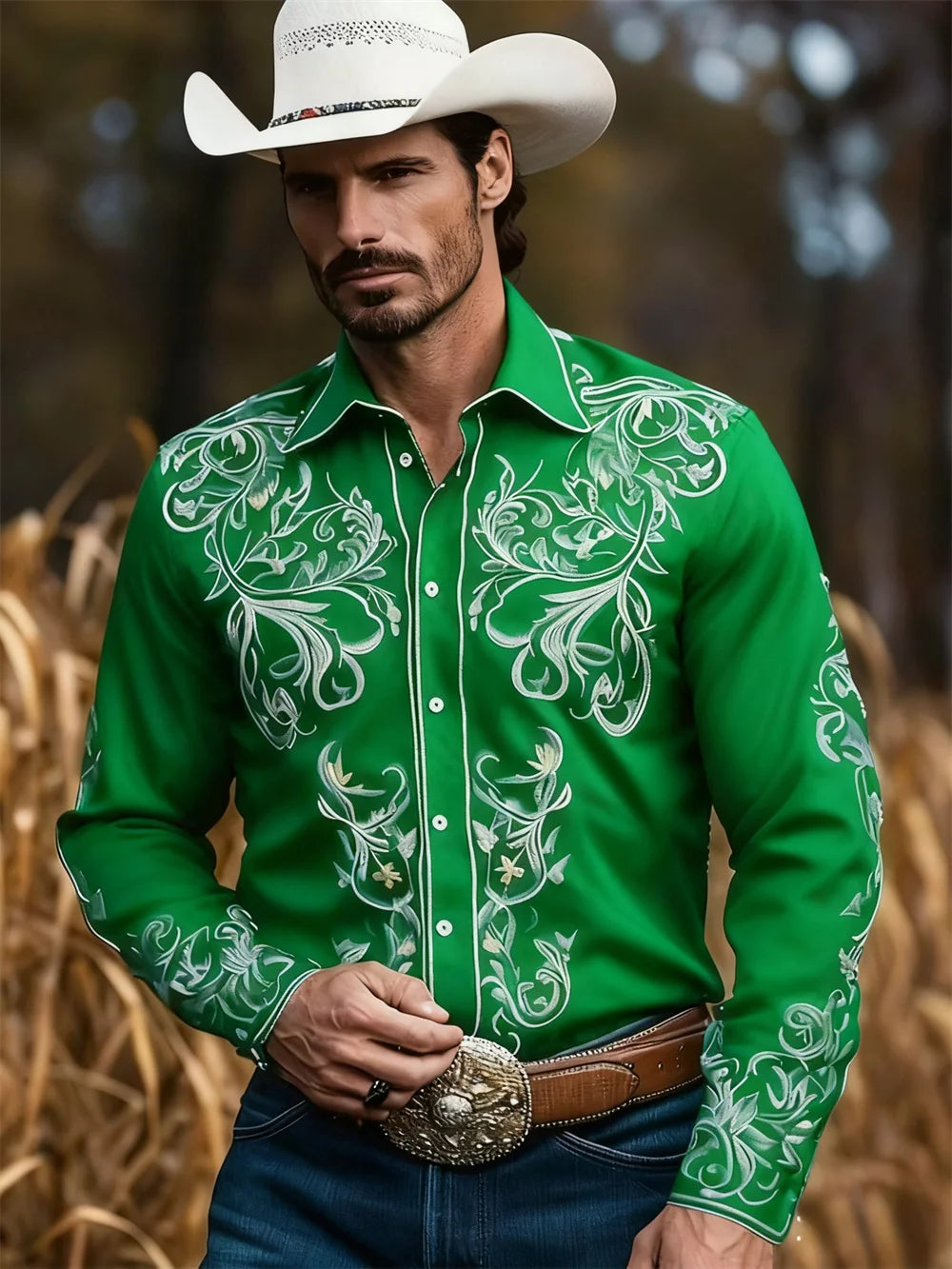 Men's Western Cowboy Style Casual Shirt with 3D Digital Printing Pattern, Vintage Holiday Casual Button Shirt