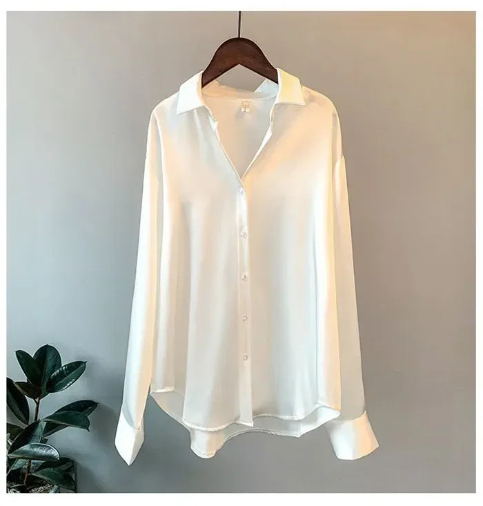 Fall Turn-down Collar Elegant Satin Loose Women Shirt 2026 Plus Size Blouse Autumn Vintage Casual Button Silk Tops