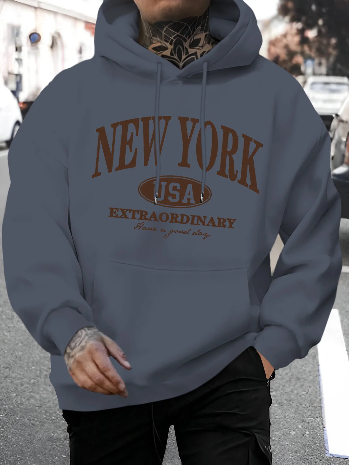 Men's New York Printed Casual Sweater Fashion Drawstring Hoodie Autumn and Winter Top Comfortable Versatile Long Sleeve Hooded Sweater (Niuwang Selection}